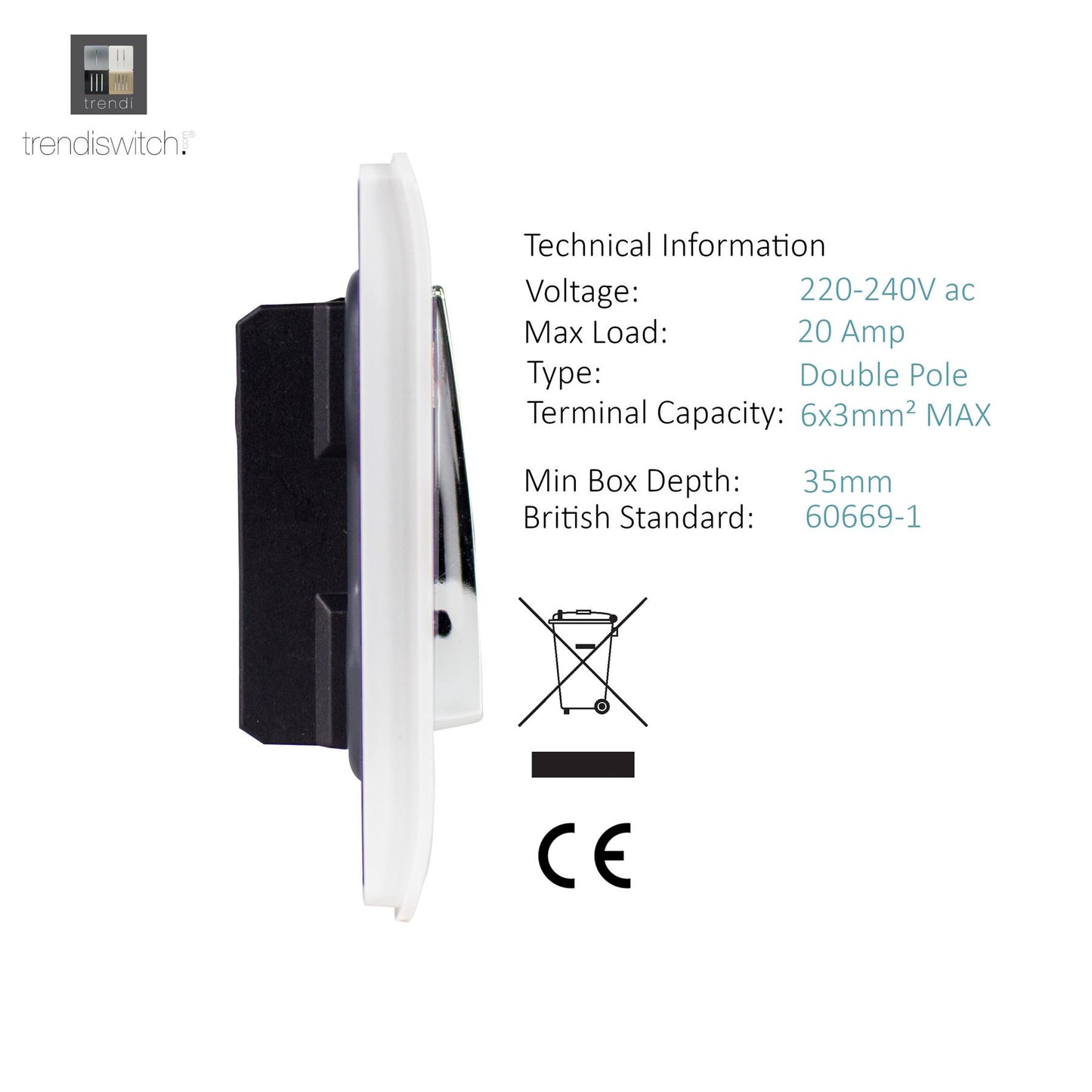 Trendi Switch 1 Gang 20 Amp Heavy Duty Rocker Switch in Matt White - ART-WHS1MWH