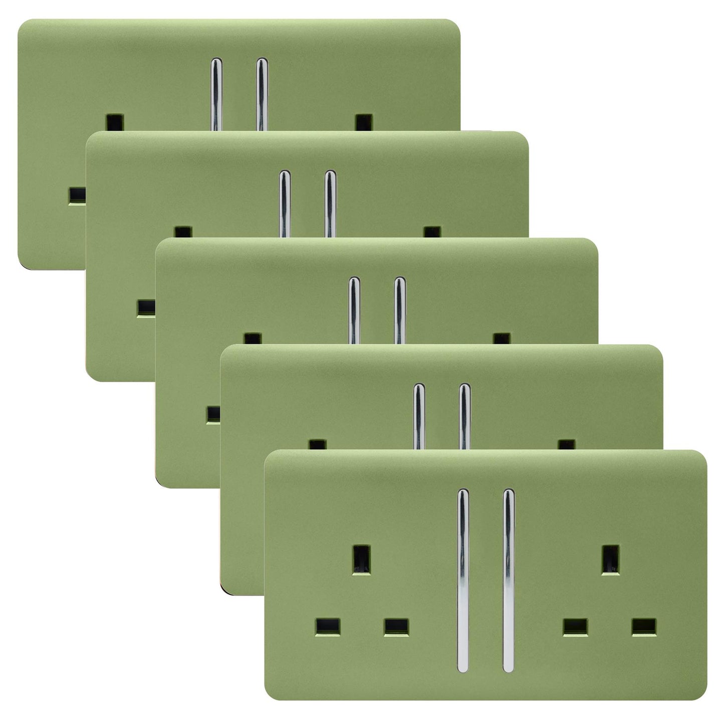 Trendi 2 Gang Artistic Modern Glossy 13 Amp Switched Tactile Plug Socket Moss Green (5 Pack)