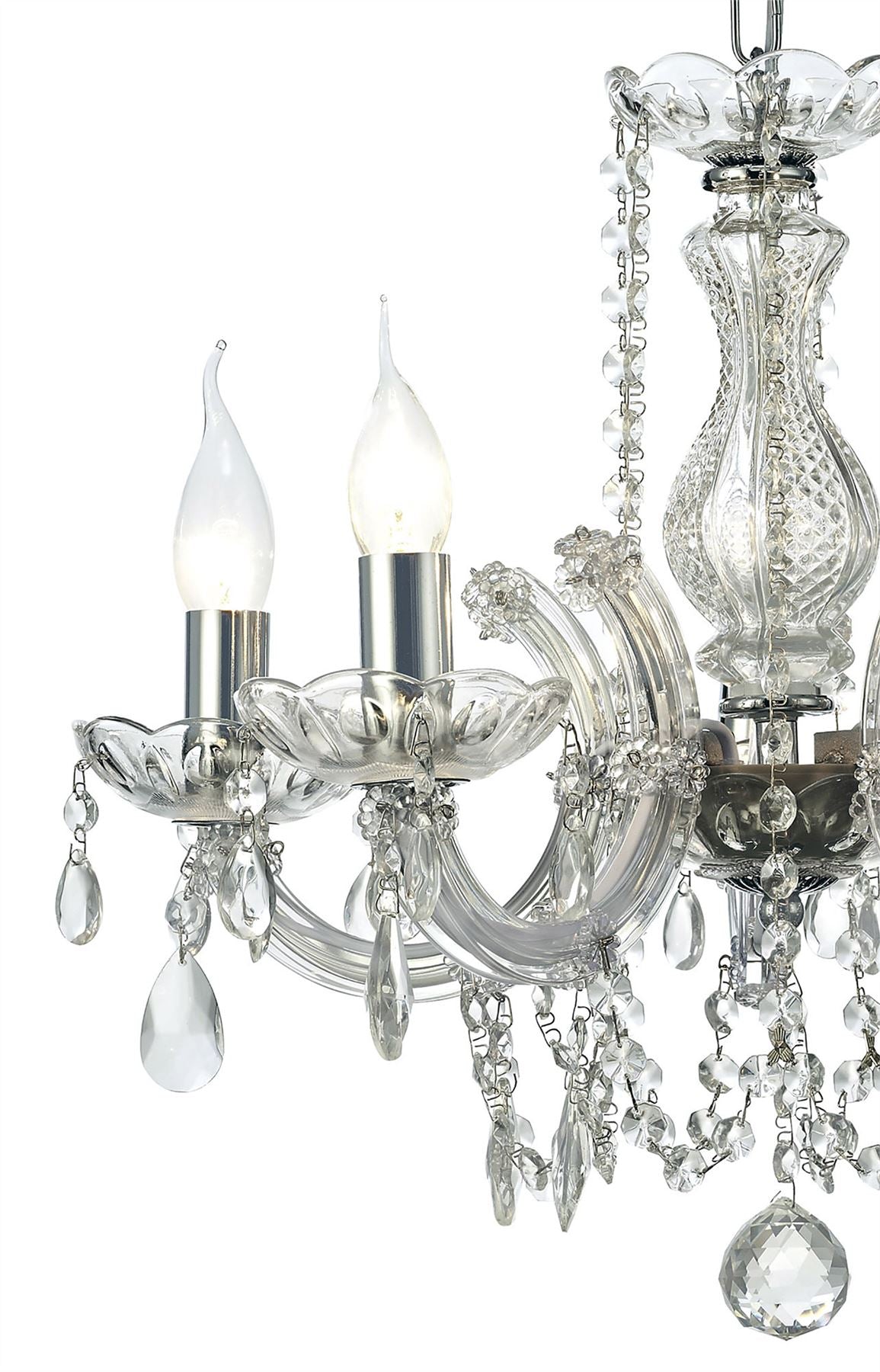 Deco Gabrielle Chandelier with Glass Sconce & Glass Droplets 5 Light E14 Polished Chrome Finish