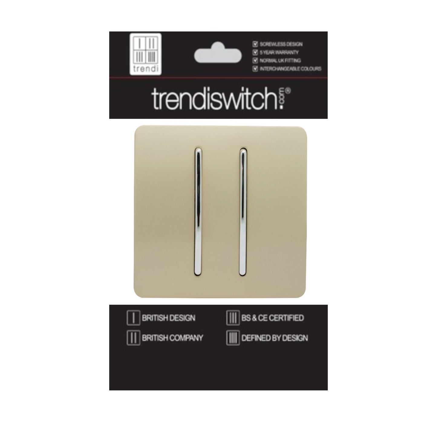 Trendi 2 Gang 2 Way 240V Screwless Artistic Modern Glossy 10 Amp Chrome Rocker Electrical Wall Light Switch in Champagne Gold (2 pack)