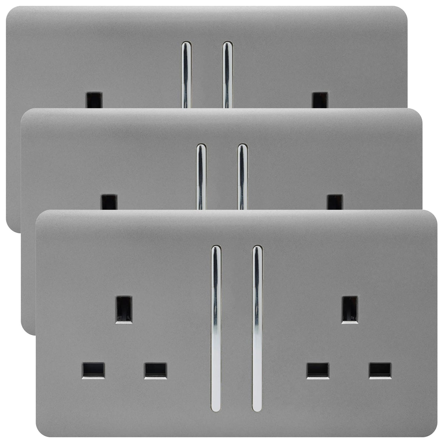 Trendi 2 Gang Artistic Modern Glossy 13 Amp Switched Tactile Plug Socket Light Grey (3 Pack)