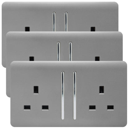 Trendi 2 Gang Artistic Modern Glossy 13 Amp Switched Tactile Plug Socket Light Grey (3 Pack)