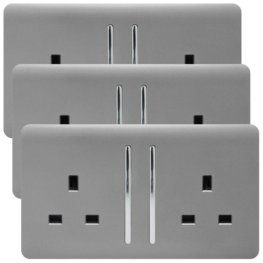 Trendi 2 Gang Artistic Modern Glossy 13 Amp Switched Tactile Plug Socket Light Grey (3 Pack)