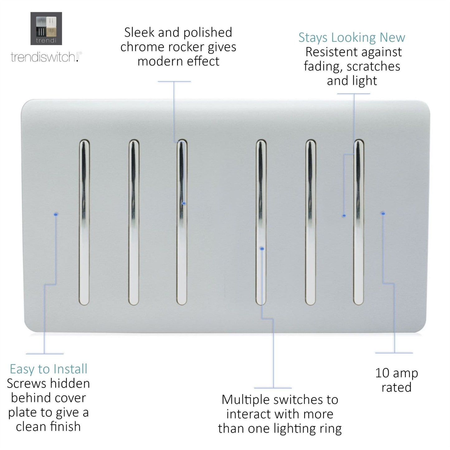 Trendi  6 Gang 2 Way Rocker Double Plate Light Switch in Silver - ART-SS66SI