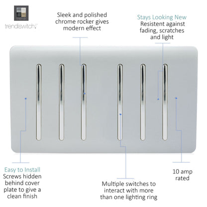 Trendi  6 Gang 2 Way Rocker Double Plate Light Switch in Silver - ART-SS66SI