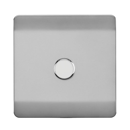 Trendi 1 Gang 2 Way 240V 100w LED Dimmer Screwless Raised Front Plate Plastic Artistic Modern Glossy 10 Amp Chrome Single Electrical Wall Light Switch in Brushed Steel - ART-LDMBS