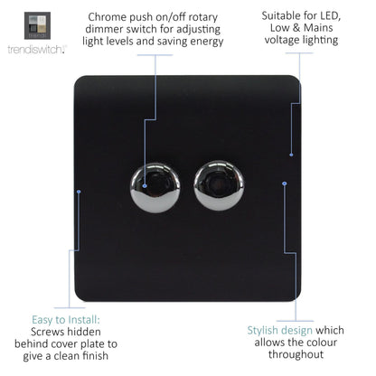 Trendi 2 Gang 2 Way 240V 100w LED Dimmer Screwless Raised Front Plate Plastic Artistic Modern Glossy 10 Amp Chrome Single Electrical Wall Light Switch in Matt Black - ART-2LDMMBK