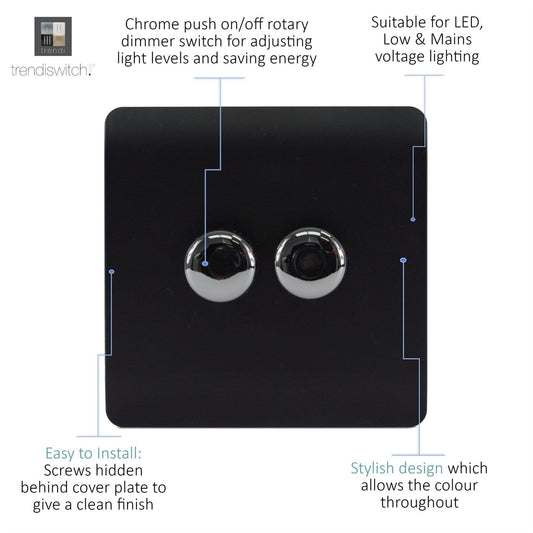 Trendi 2 Gang 2 Way 240V 100w LED Dimmer Screwless Raised Front Plate Plastic Artistic Modern Glossy 10 Amp Chrome Single Electrical Wall Light Switch in Matt Black - ART-2LDMMBK