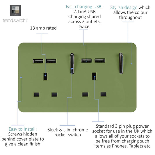 Trendi 2 Gang Artistic Modern Glossy 13 Amp 4x2.1mA USB Switched Tactile Plug Socket Moss Green