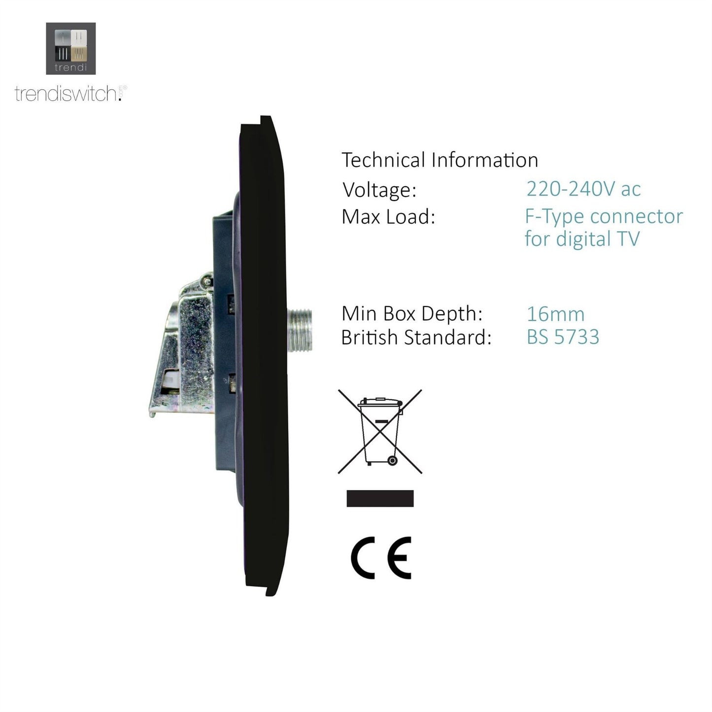 Trendi 1 Gang Modern Screwless Television Satellite Socket in Black - ART-SATBK