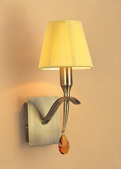 Mantra Siena Wall Light Switched 1 Light E14, Antique Brass with Amber Cream Shade and Amber Crystal