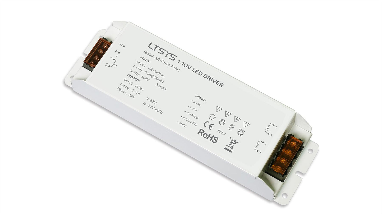LTECH 1-10V Constant Voltage 0/1-10V, PWM, Resistor, Push Dim, 75W, C. Voltage Dimmable Driver, 24V, Max Current Output:3.12A, EFF>87%, 3yrs Warranty