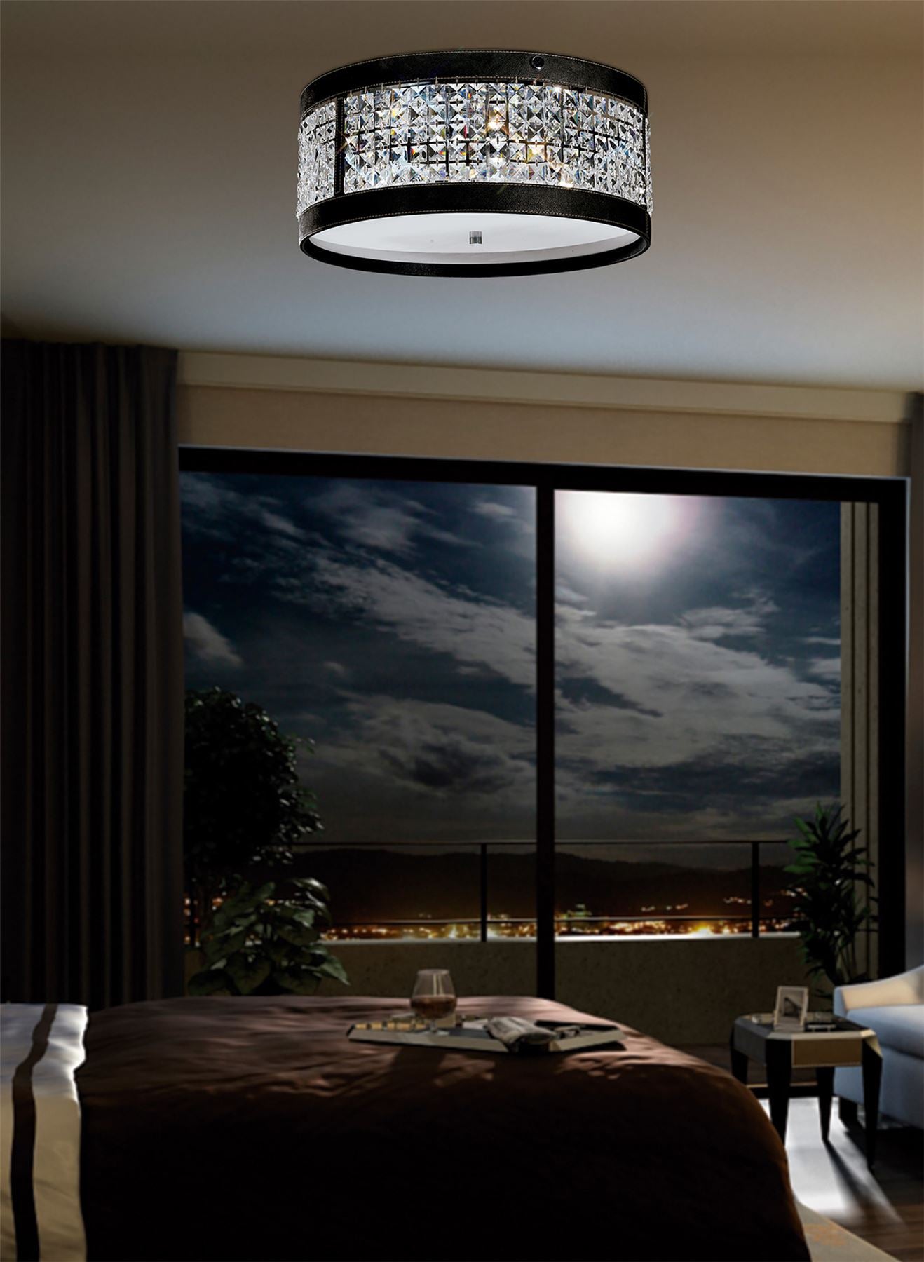 Diyas Celsa 45cm Flush  4 Light E14 Polished Chrome/Black Faux Leather/Crystal Ceiling Light Fitting