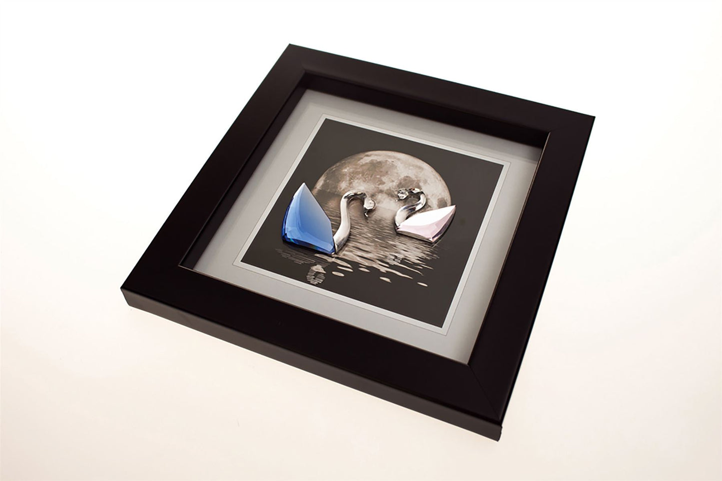 Diyas Home Crystal Wall Art (DH) Nature Moonlight Swans Black Frame Blue, Pink, Clear Crystal