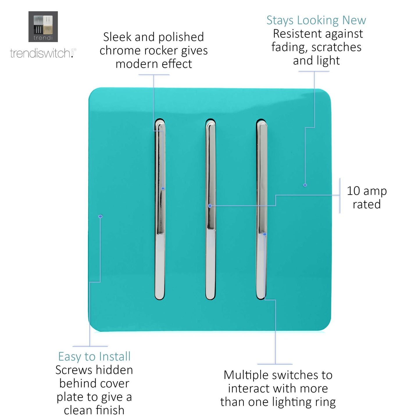 Trendi 3 Gang 2 Way Artistic Modern Glossy 10 Amp Rocker Tactile Light Switch Bright Teal