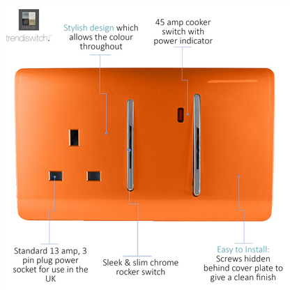 Trendi Artistic Modern Glossy 45 A Cooker Switch & Plug Socket Inc Neon Insert Orange