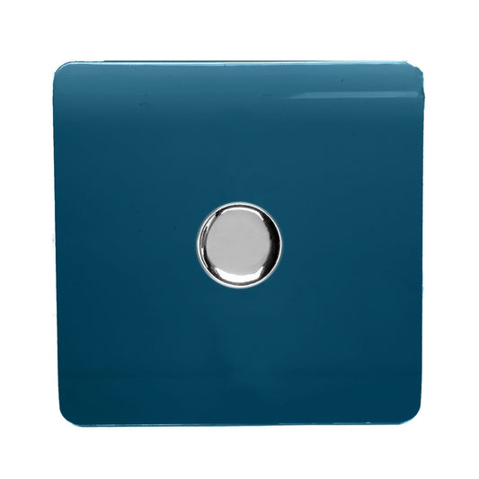 Trendi 1 Gang 2 Way 240V 100w LED Dimmer Screwless Raised Front Plate Plastic Artistic Modern Glossy 10 Amp Chrome Single Electrical Wall Light Switch in Ocean Blue - ART-LDMOB