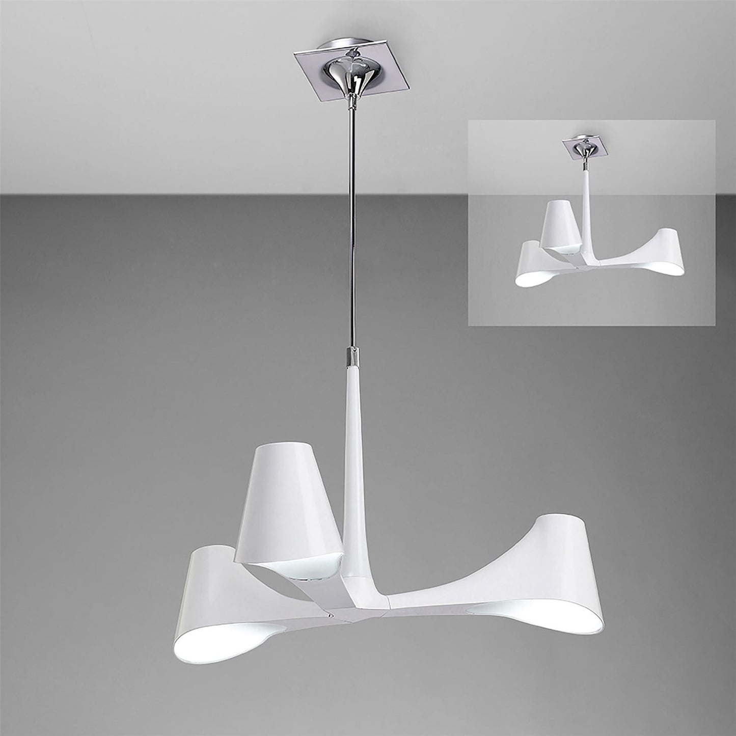 Mantra Ora 70cm Telescopic Convertible To Semi Flush 3 Light E27, Gloss White/White Acrylic/Polished Chrome, CFL Lamps INCLUDED