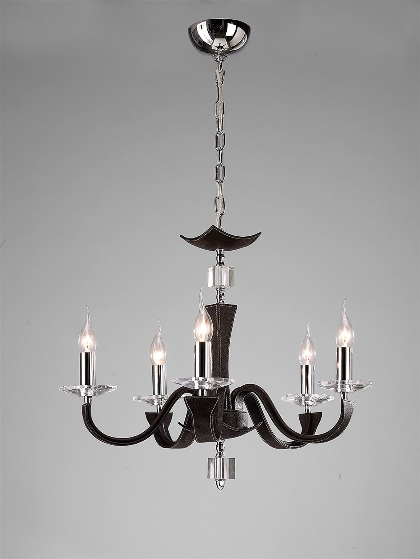 Diyas Nardini 60cm  5 Light E14 Polished Chrome/Dark Brown Faux Leather/Crystal Ceiling Pendant Light Fitting