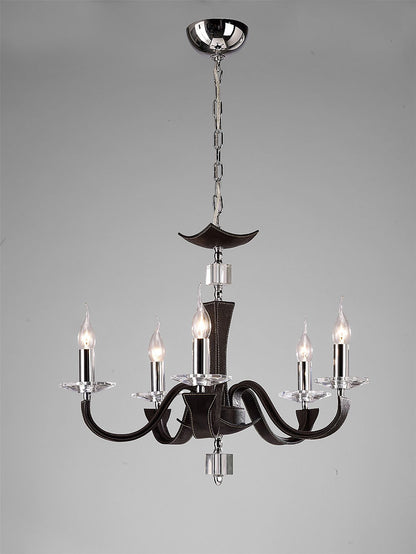 Diyas Nardini 60cm  5 Light E14 Polished Chrome/Dark Brown Faux Leather/Crystal Ceiling Pendant Light Fitting