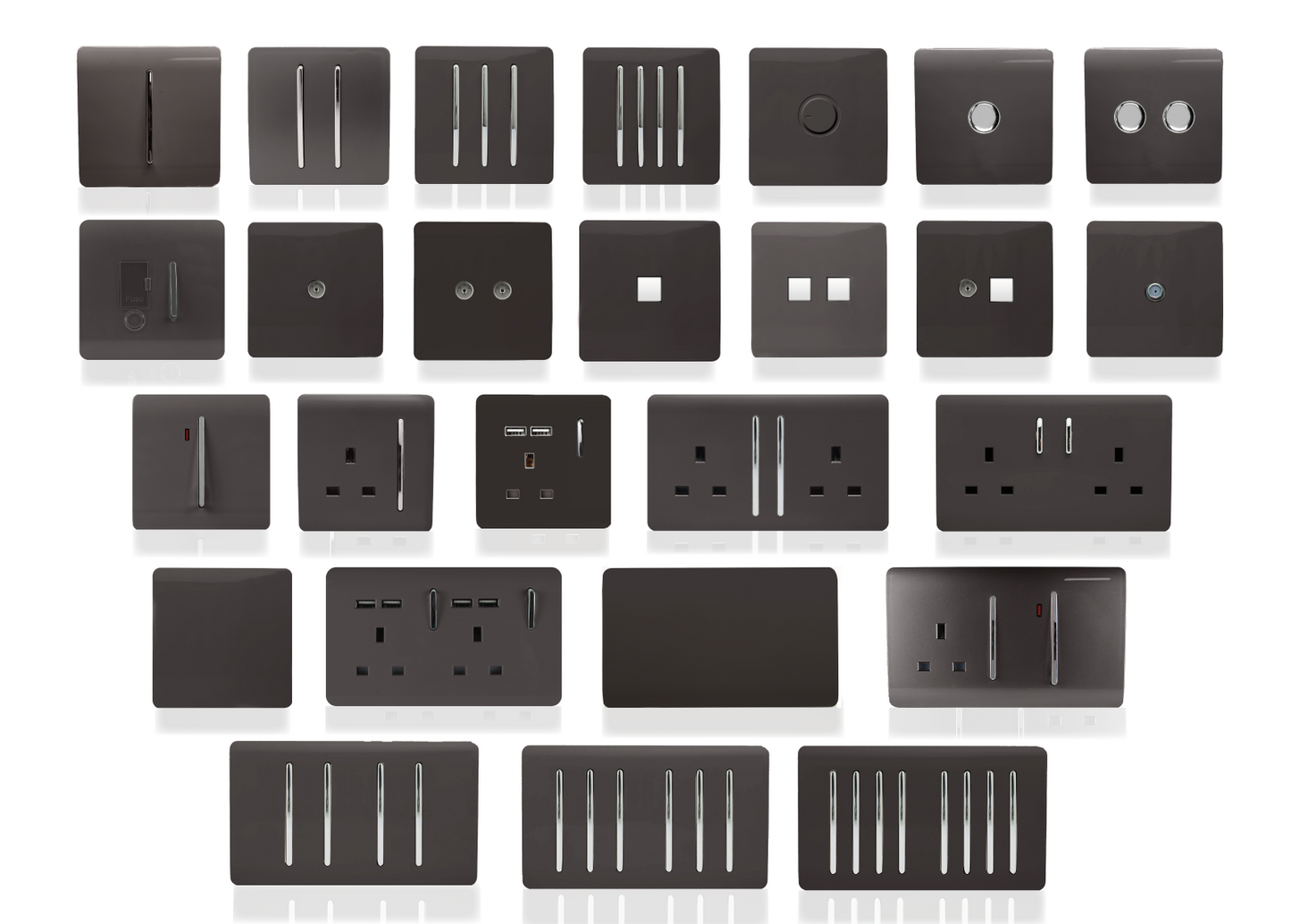 Trendi 2 Gang Artistic Modern Glossy 13 Amp Switched Tactile Plug Socket Dark Brown (5 Pack)