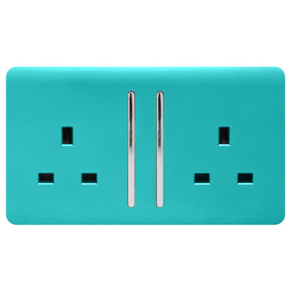 Trendi 2 Gang Artistic Modern Glossy 13 Amp Switched Plug Socket Bright Teal (7 Pack)
