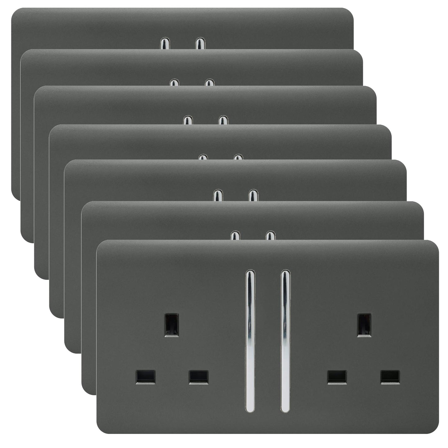 Trendi 2 Gang Artistic Modern Glossy 13 Amp Switched Tactile Plug Socket Charcoal (7 Pack)