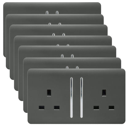 Trendi 2 Gang Artistic Modern Glossy 13 Amp Switched Tactile Plug Socket Charcoal (7 Pack)