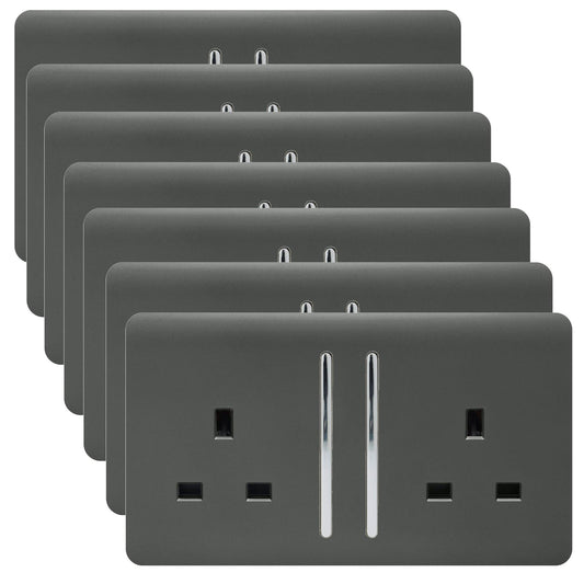 Trendi 2 Gang Artistic Modern Glossy 13 Amp Switched Tactile Plug Socket Charcoal (7 Pack)