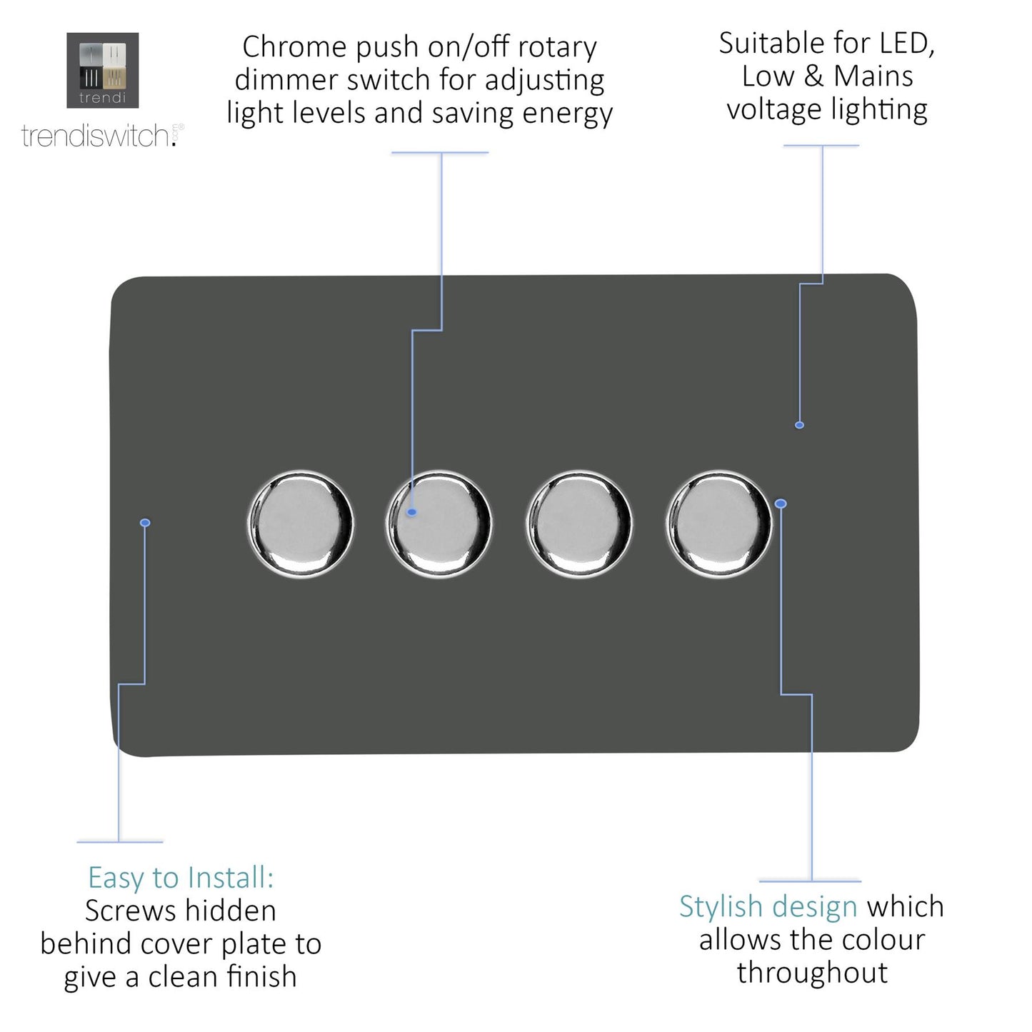Trendi 4 Gang 2 Way 240V 100w LED Dimmer Screwless Raised Front Plate Plastic Artistic Modern Glossy 10 Amp Chrome Single Electrical Wall Light Switch in Charcoal - ART-4LDMCH