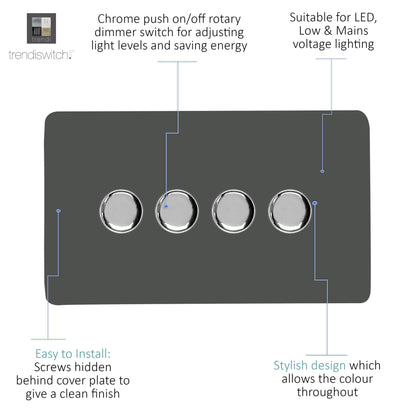 Trendi 4 Gang 2 Way 240V 100w LED Dimmer Screwless Raised Front Plate Plastic Artistic Modern Glossy 10 Amp Chrome Single Electrical Wall Light Switch in Charcoal - ART-4LDMCH