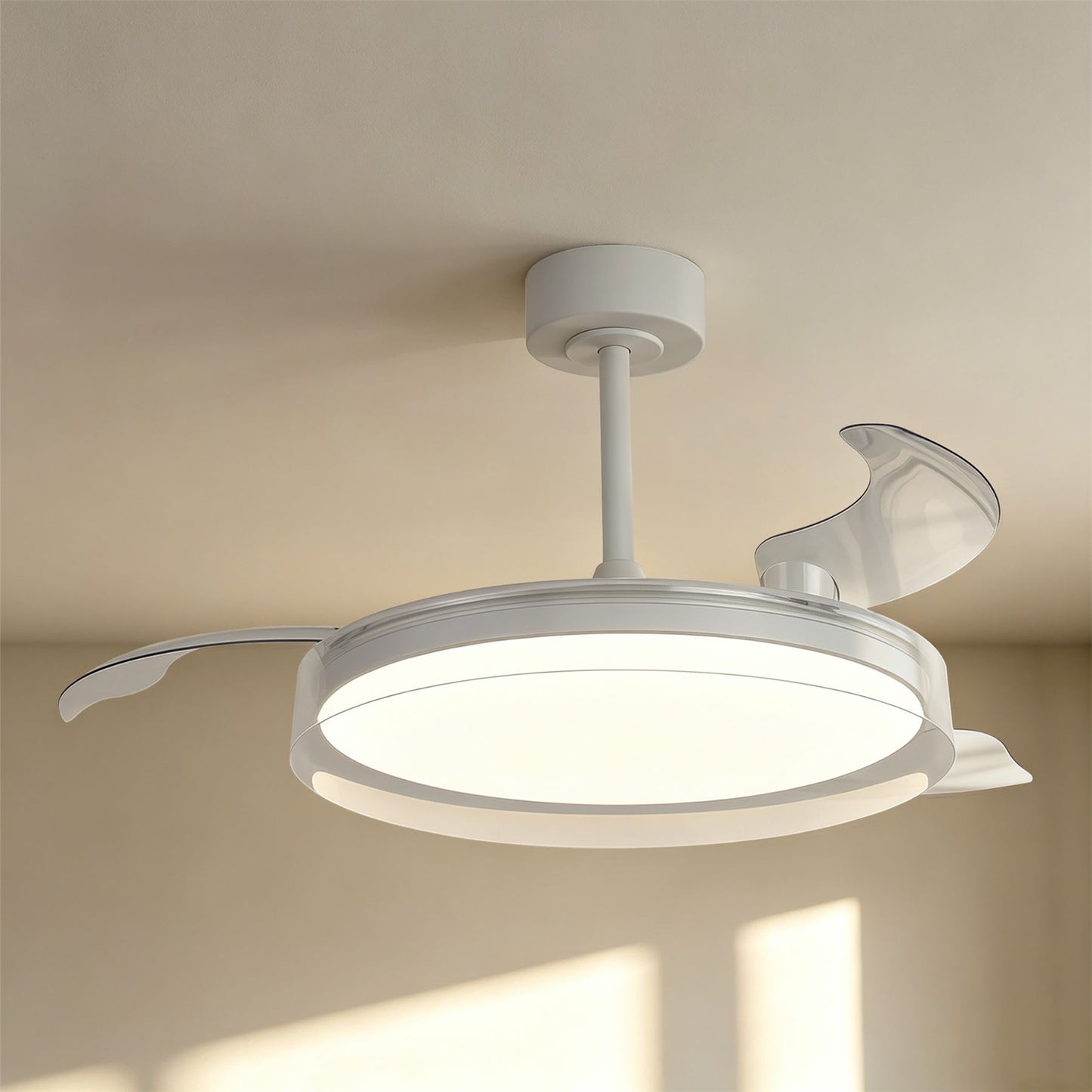 Glass Fan 53cm 40W LED Dimmable Ceiling Light With Built-In 30W DC Fan, 3000-5000K Remote Control, 6400lm, White/Clear, 5yrs Warranty
