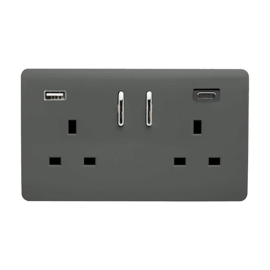 Charcoal Screwless 2 Gang Switched Double Socket 13A With 1 x USB-A & 1 x USB-C 45W (Shared), (35mm Back Box Req.), 10yrs Warranty