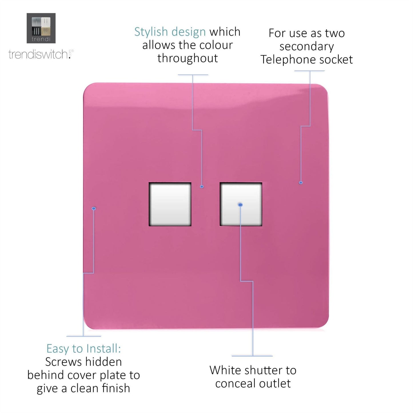 Trendi Artistic Modern Glossy Tactile 2 Gang Telephone Socket Pink