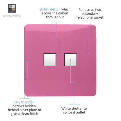 Trendi Artistic Modern Glossy Tactile 2 Gang Telephone Socket Pink