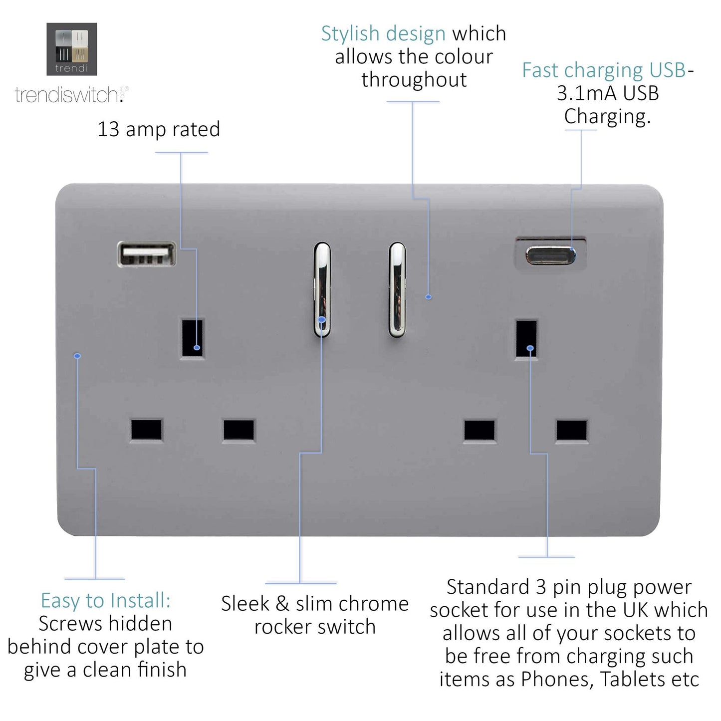 Trendi Switch 2 Gang Type A & C USB 3100mA Modern Designer Plug Socket in Platinum Silver