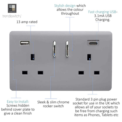 Trendi Switch 2 Gang Type A & C USB 3100mA Modern Designer Plug Socket in Platinum Silver