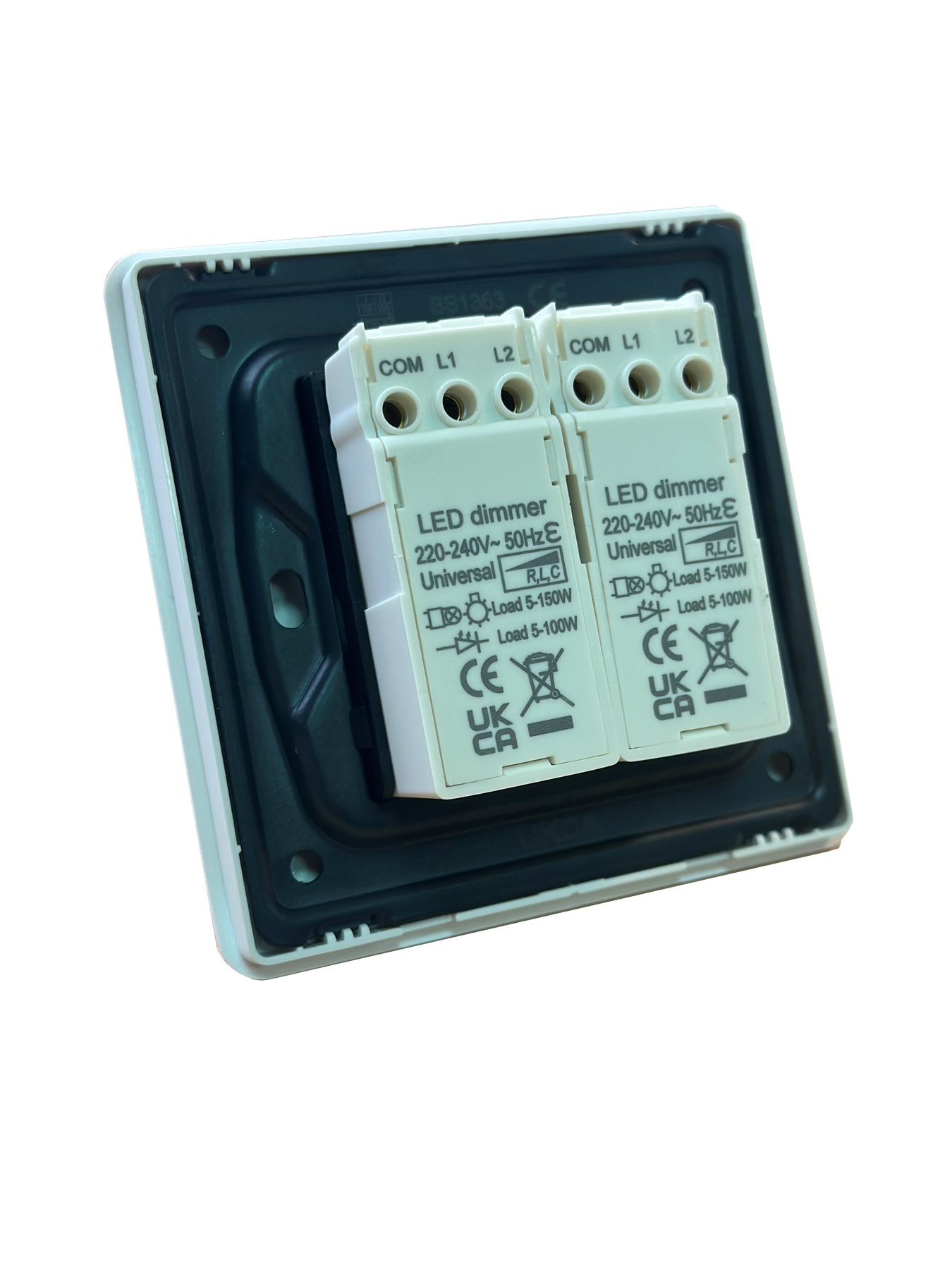 Trendi 2 Gang 2 Way 240V 100w LED Dimmer Screwless Raised Front Plate Plastic Artistic Modern Glossy 10 Amp Chrome Single Electrical Wall Light Switch in Charcoal - ART-2LDMCH