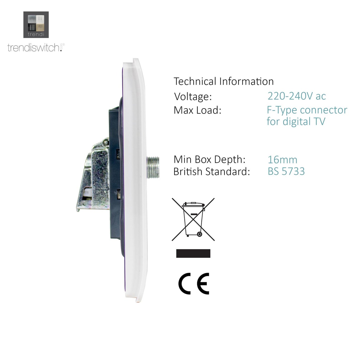 Trendi Switch 1 Gang Male F-Type Satellite Television Socket in Matt White - ART-SATMWH