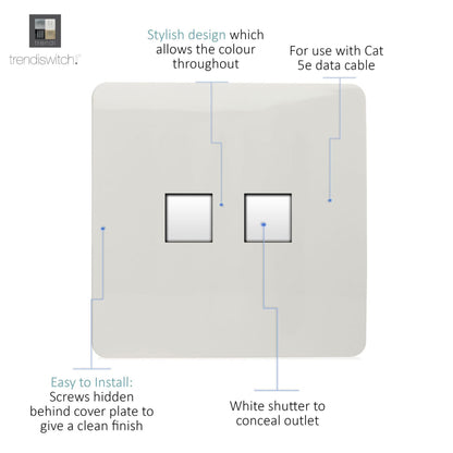 Trendi Modern 2 Gang RJ45 Cat 5e & Cat 6 PC Ethernet Socket White ART-2PCWH