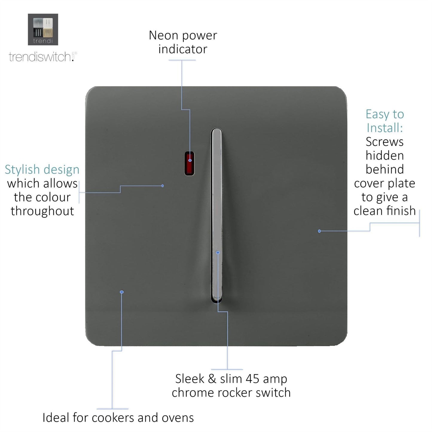 Trendi Artistic Modern Glossy 20 A Tactile Light Switch & Neon Insert Charcoal