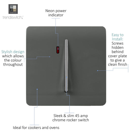 Trendi Artistic Modern Glossy 20 A Tactile Light Switch & Neon Insert Charcoal
