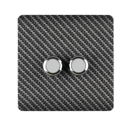 Trendi 2 Gang 2 Way 240V 100w LED Dimmer Screwless Raised Front Plate Plastic Artistic Modern Glossy 10 Amp Chrome Single Electrical Wall Light Switch in Carbon Fibre - ART-2LDMCF