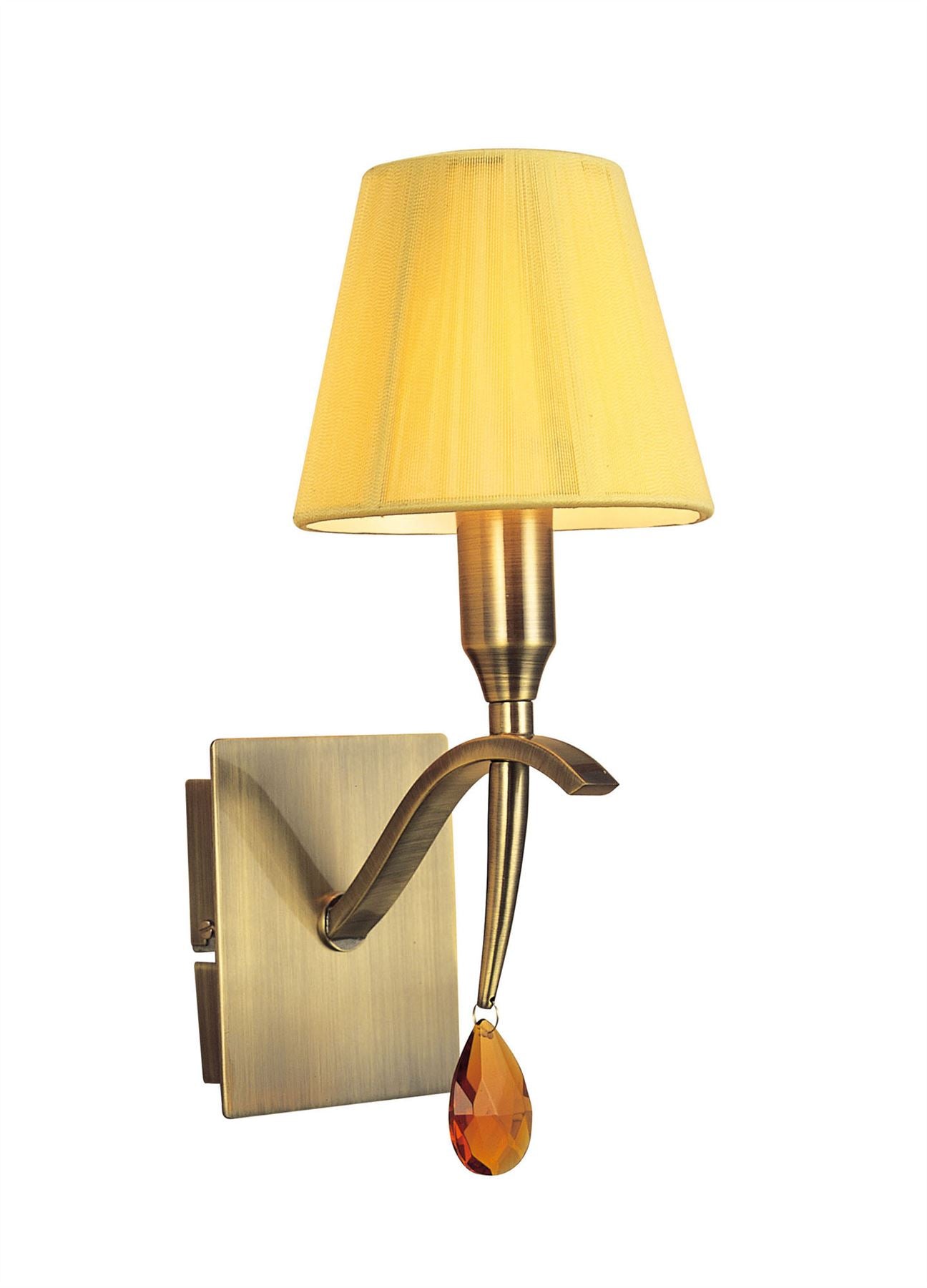 Mantra Siena Wall Light Switched 1 Light E14, Antique Brass with Amber Cream Shade and Amber Crystal