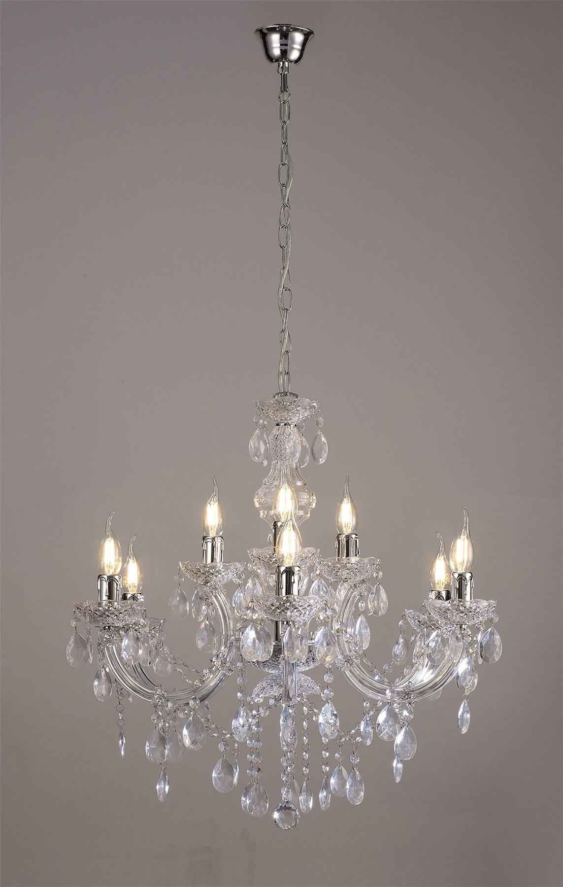 Deco Floria Chandelier with Acrylic Sconce & Acrylic Droplets 6+3 Light E14 Polished Chrome Finish