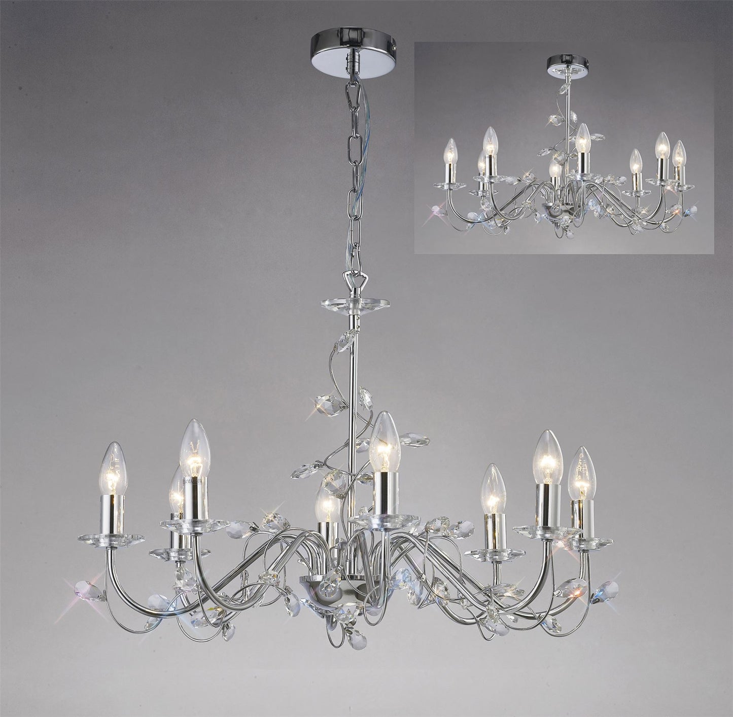 Diyas Willow 64cm  WITHOUT SHADE 8 Light E14 Polished Chrome/Crystal Ceiling Pendant Light Fitting