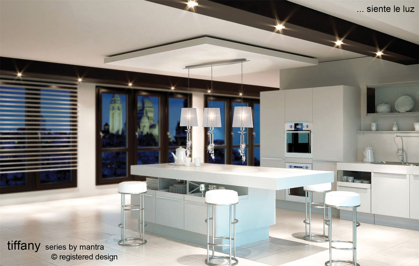Mantra M3855 Tiffany Linear Pendant 3+3 Light E27+G9 Line, Polished Chrome with White Shades & Clear Crystal