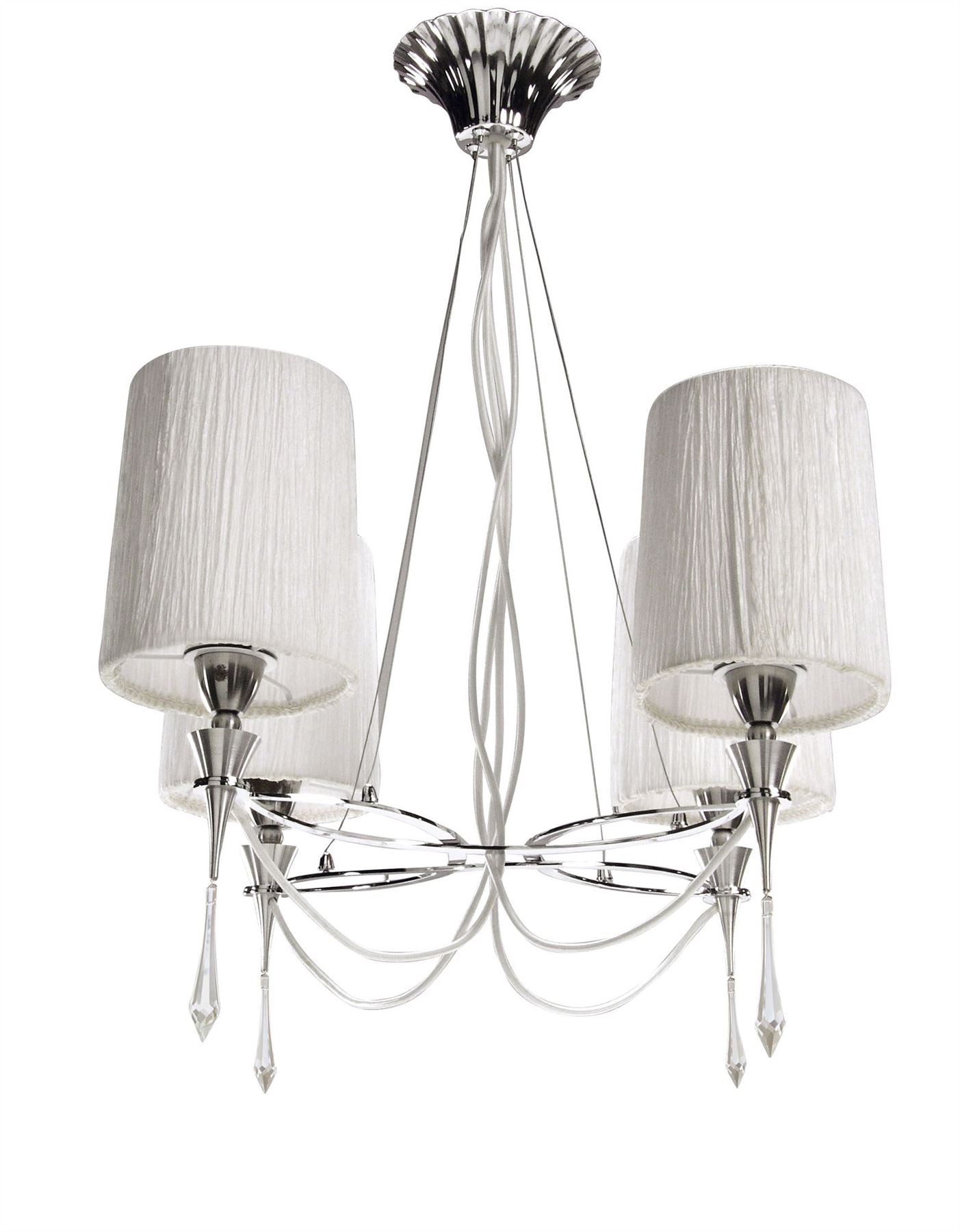 Mantra Lucca 71cm Pendant 4 Light E27, Polished Chrome with White Shades & Clear Crystal