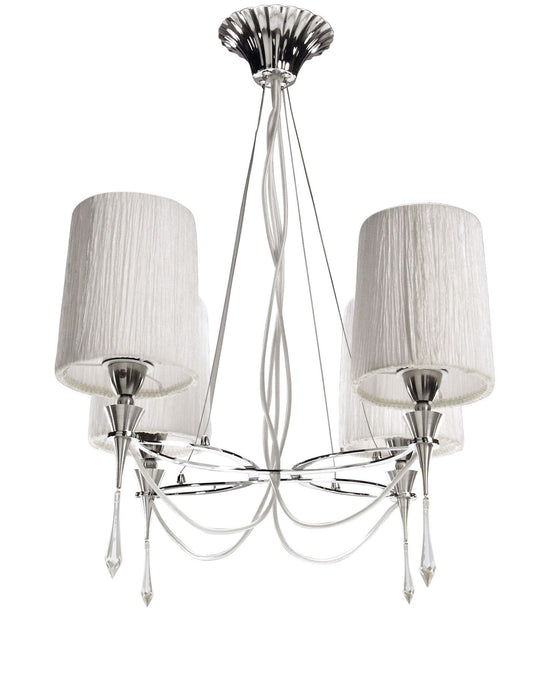 Mantra Lucca 71cm Pendant 4 Light E27, Polished Chrome with White Shades & Clear Crystal