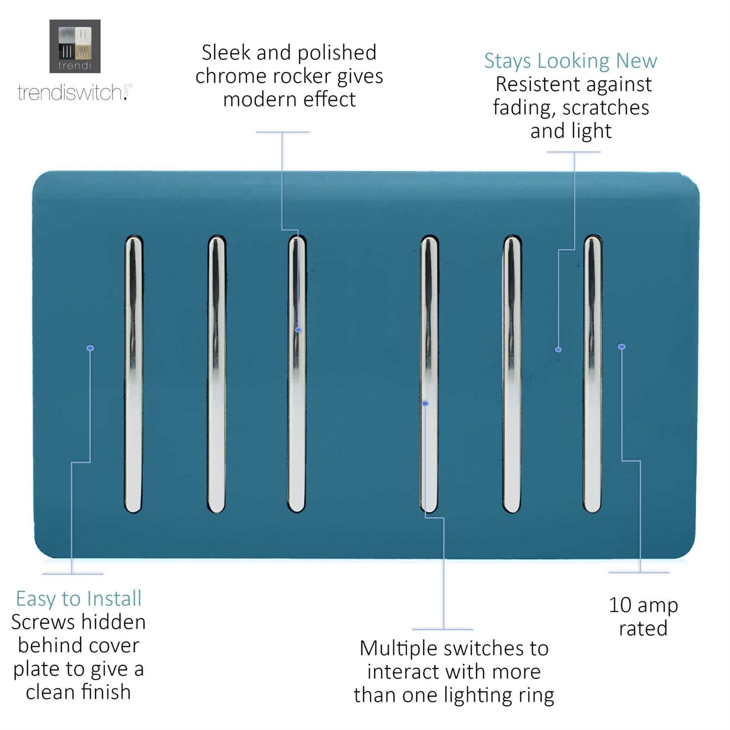 Trendi Artistic Modern Glossy 6 Gang 2 Way Rocker Double Plate Tactile Light Switch Ocean Blue